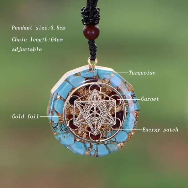 Turquoise Garnet Metatron's Cube Orgonite Pendant Necklace Diagram Contents