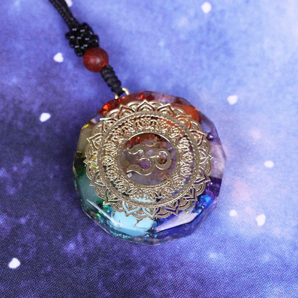 Om Symbol Chakra Healing Energy Orgonite Pendant Necklace Angle View