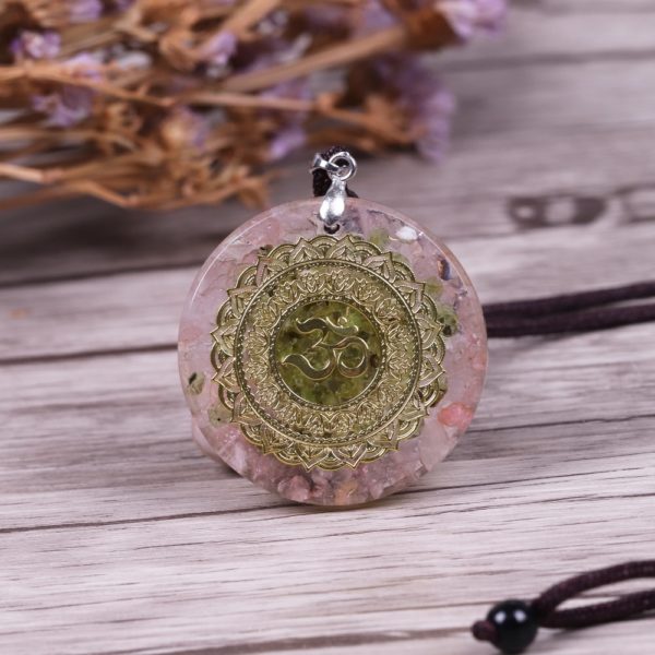 Om Symbol Rose Quartz Olivine Orgonite Pendant Necklace Front View 2