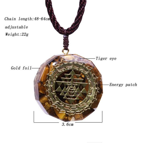 Sri Yantra Tiger’s Eye Orgonite Pendant Necklace Front View Specifications Diagram