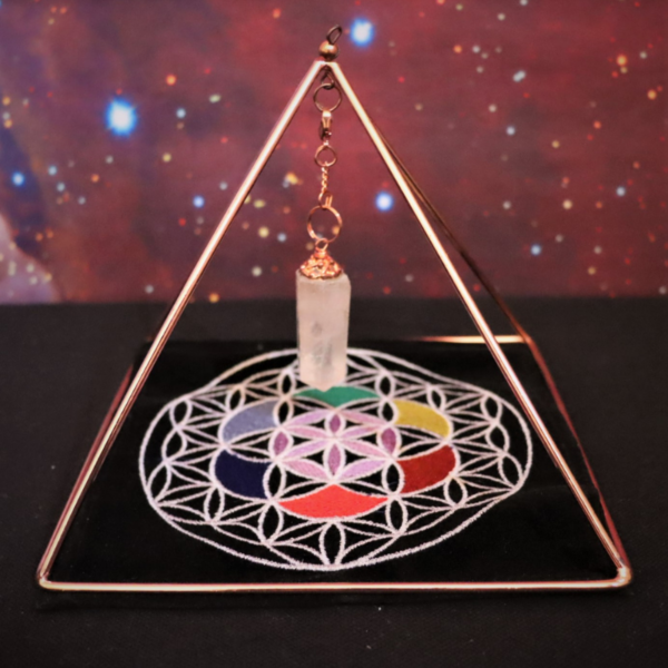 Copper Pyramid With Quartz Crystal And Flower Of Life Mat galaxy background